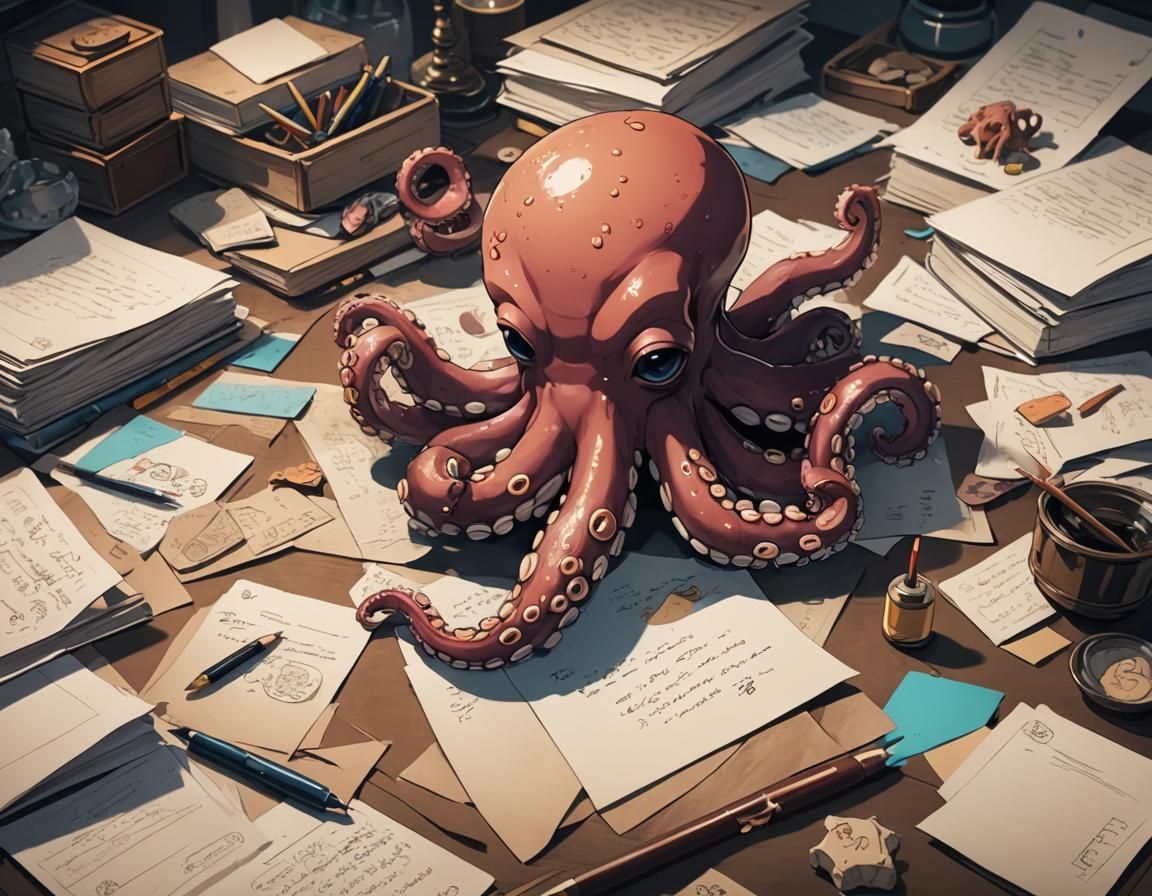 Cute Octopus Writes Letter: Cel-Shaded Anime Art