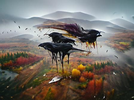 Ravens Over Windswept Autumn Mountain Bog