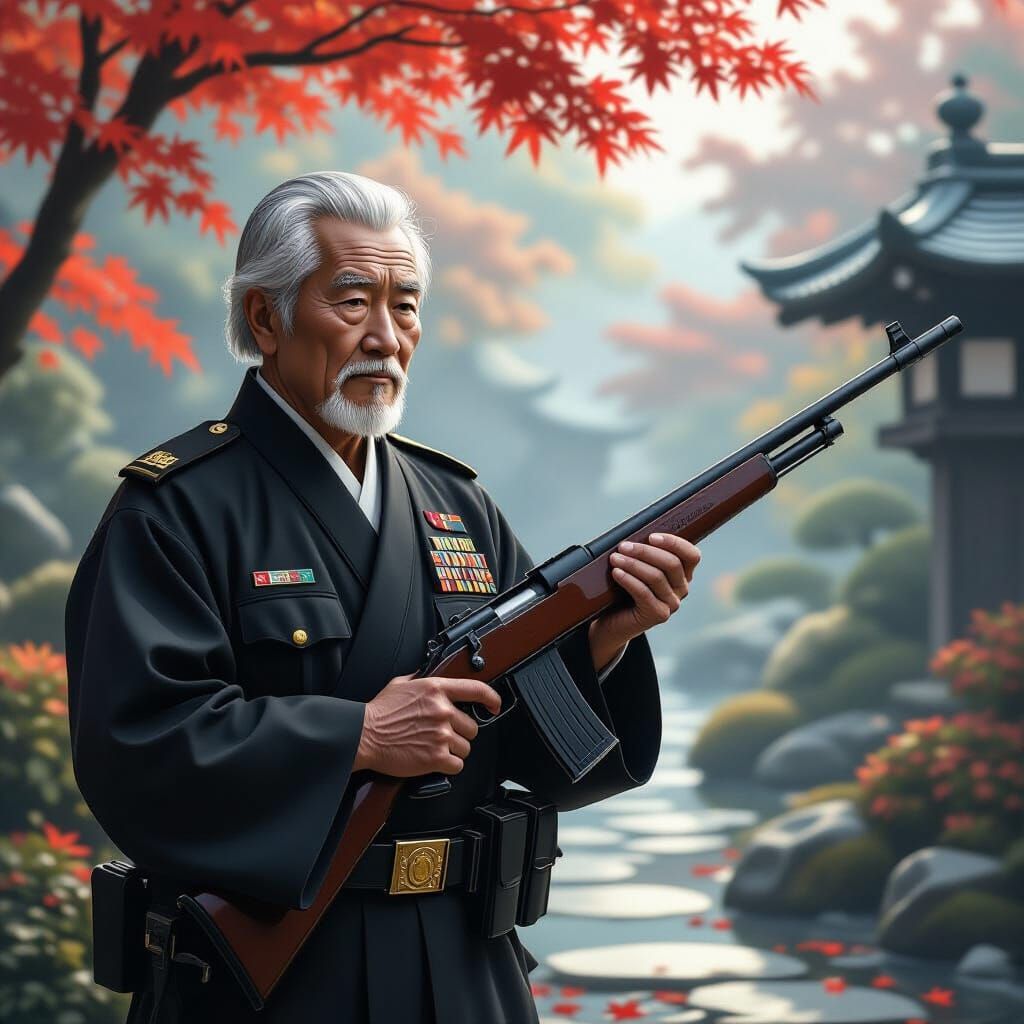 Elderly Japanese Soldier in Military Attire with Rifle in Au...