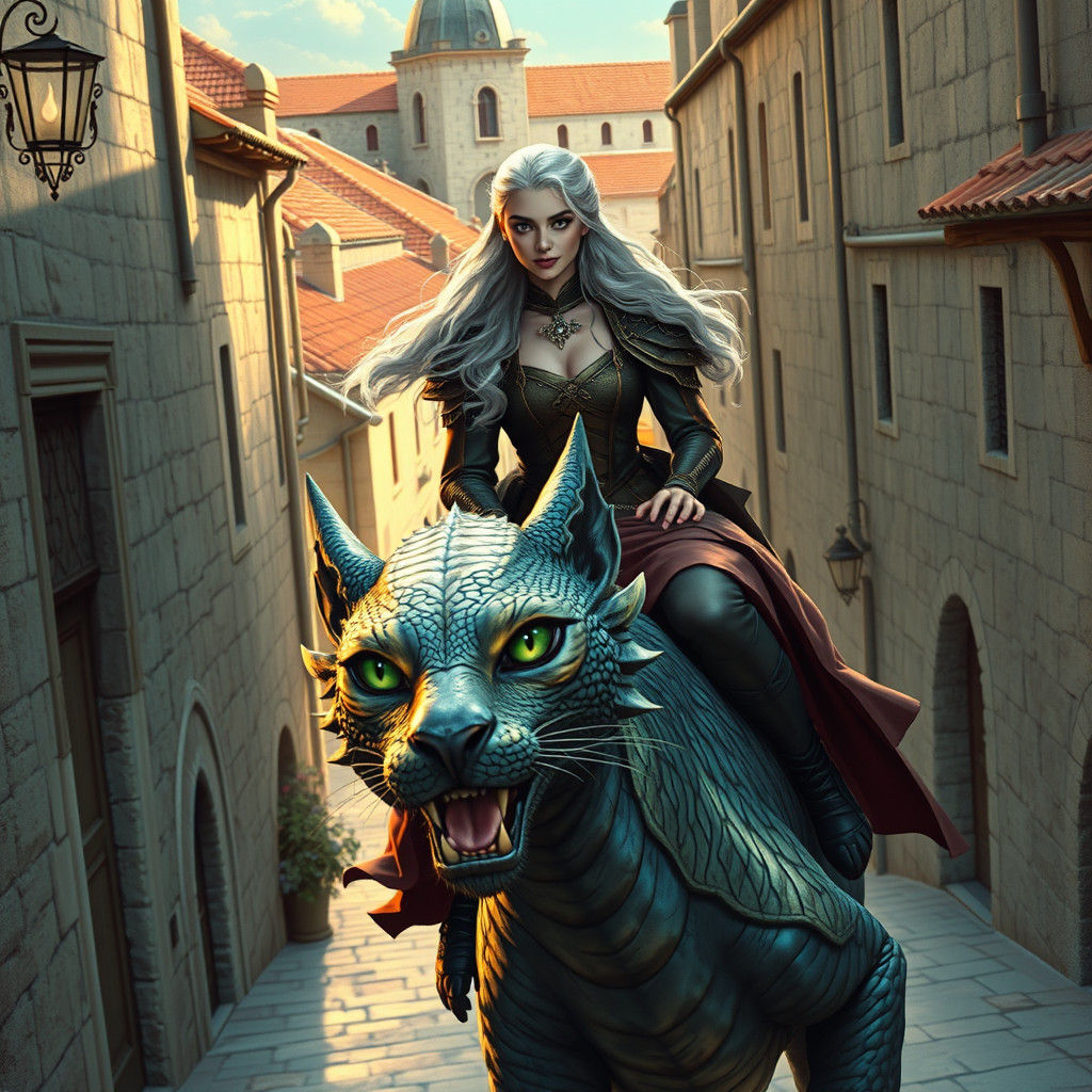 Queen Rides Dragon Cat Through Ancient City