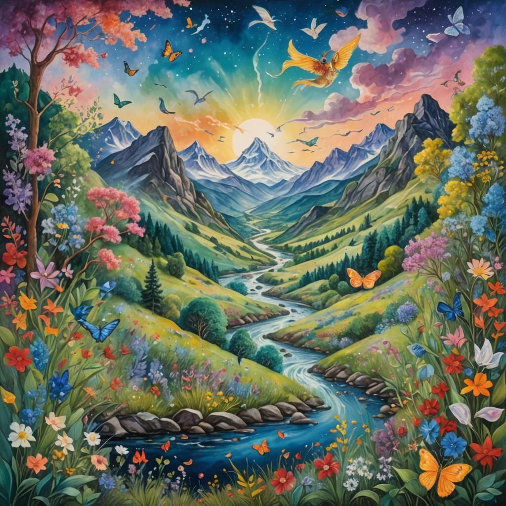 Vibrant Gouache Landscape with Birds and Butterflies