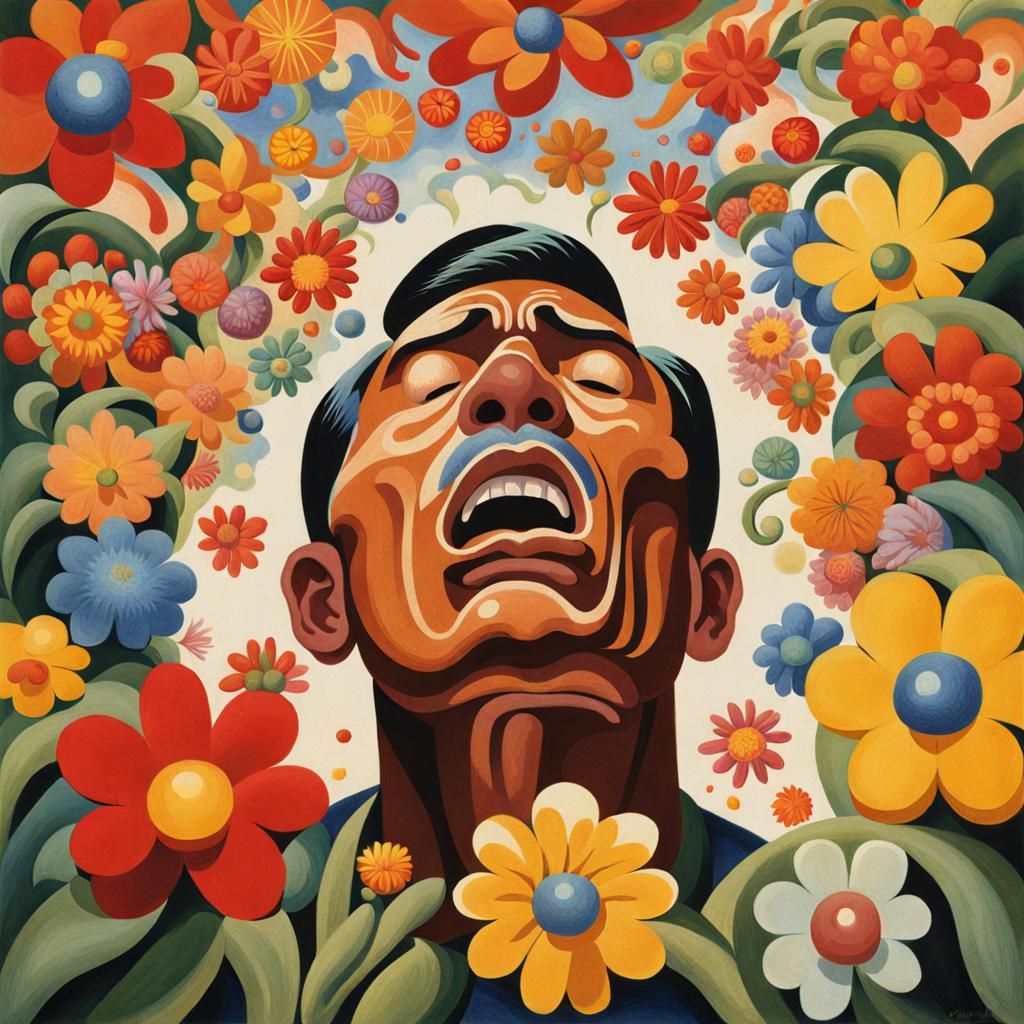 Man Sneezing Flowers, Vintage Illustration Style