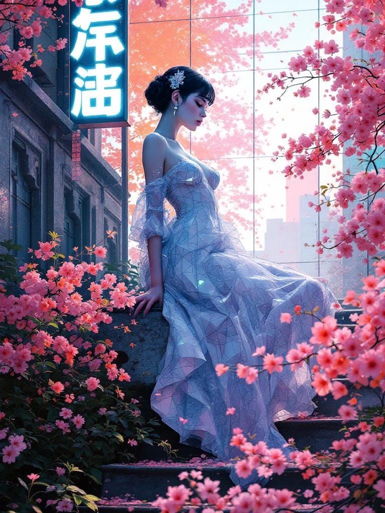 Abstract Pin-Up in Ethereal Garden: Digital Art