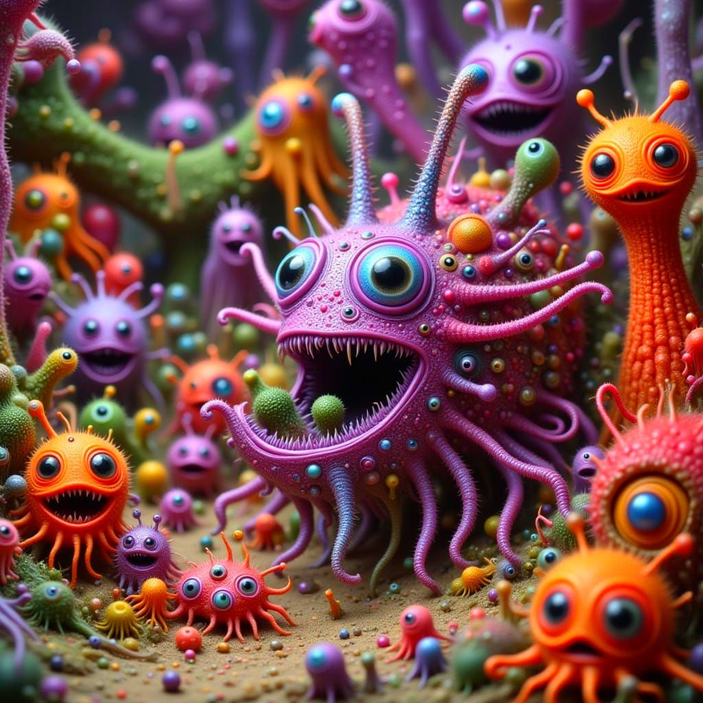 Whimsical Surreal Creatures in Neon Grunge Style