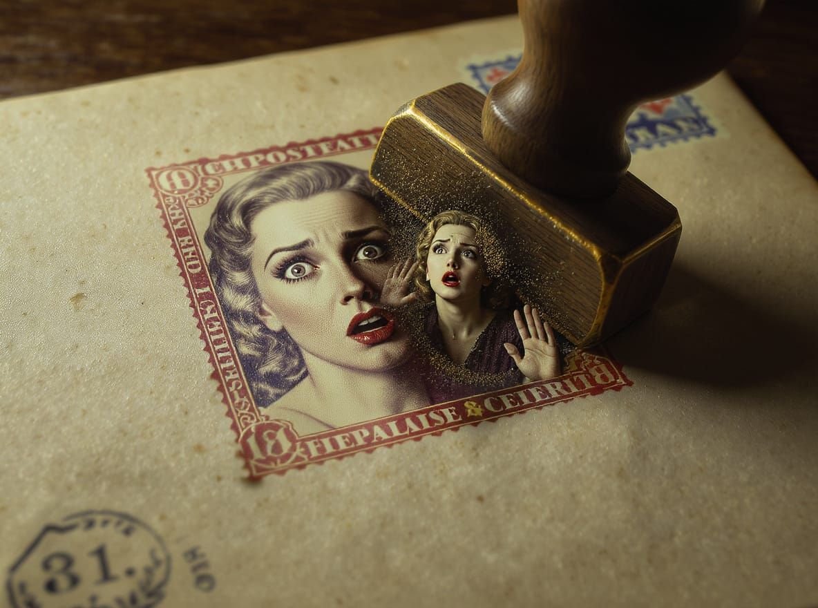 Surreal Stamp Scene: Woman Reacts to Looming Stamp