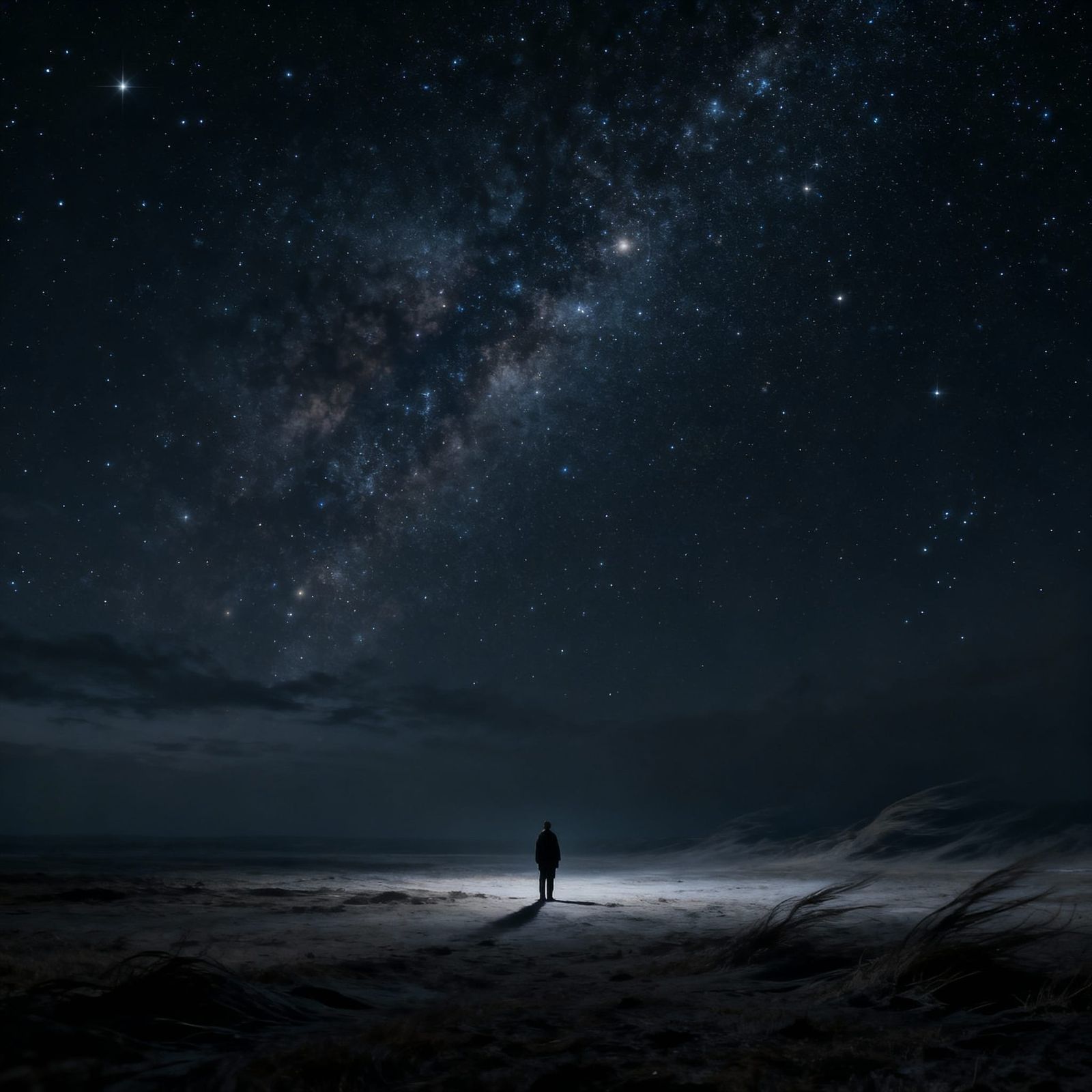 Solitary Figure Under Starry Sky: Existential Isolation
