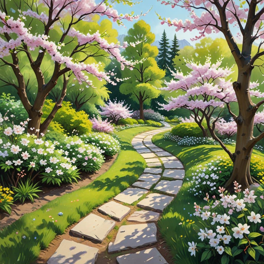 Vibrant Spring Garden Scene in Impressionist Style