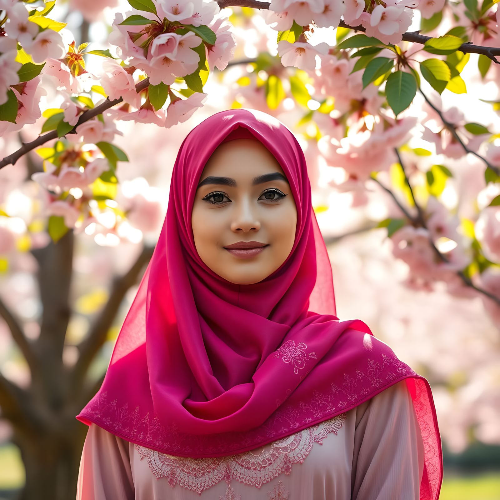 Serene Hijabi Woman Under Cherry Blossom Tree