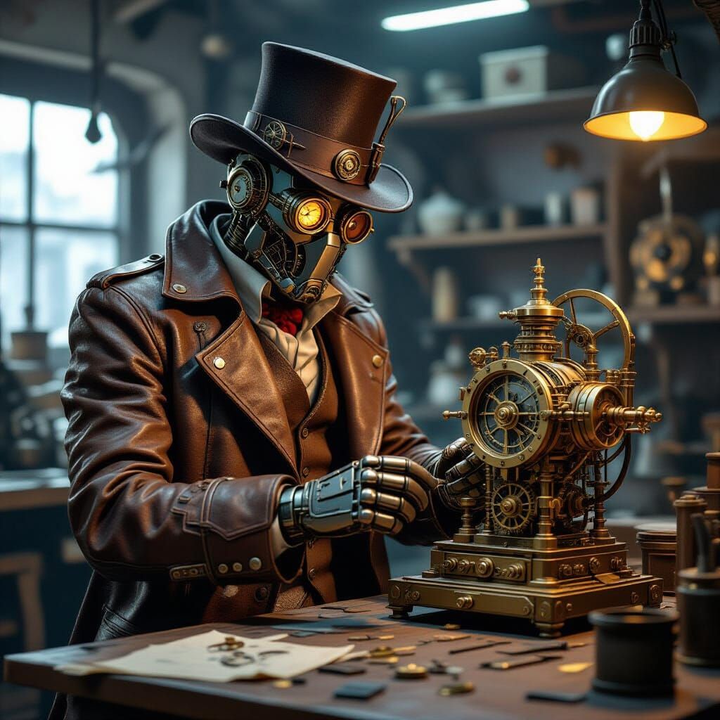 Steampunk Warforged Artificer Building Clockwork Mechanism