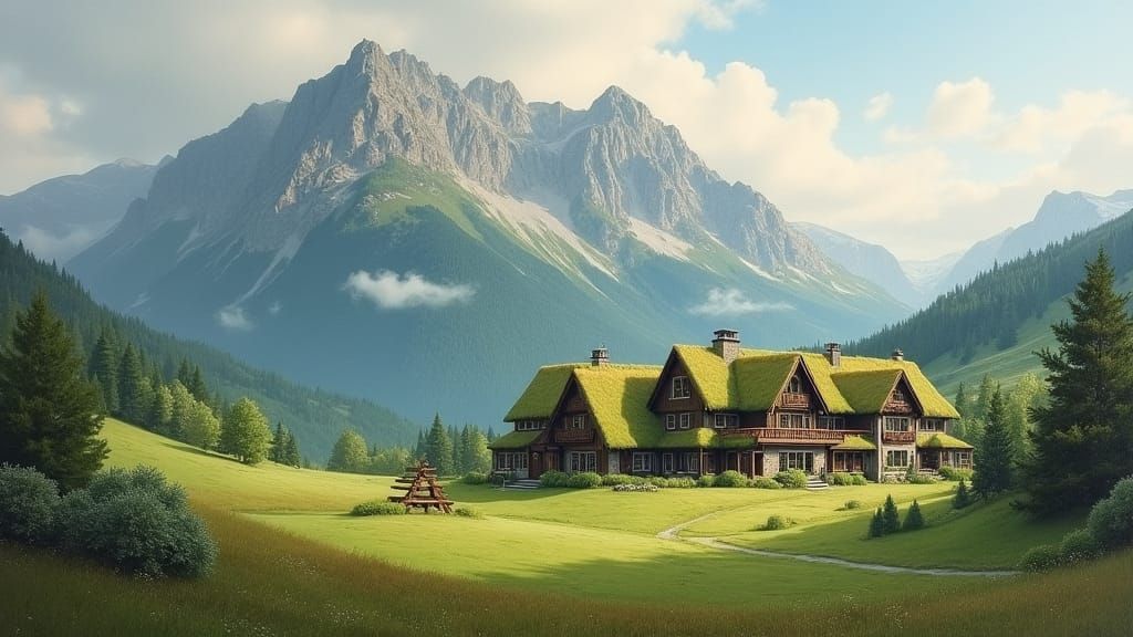 Bucolic Hotel in Rolling Hills as Oil Painting