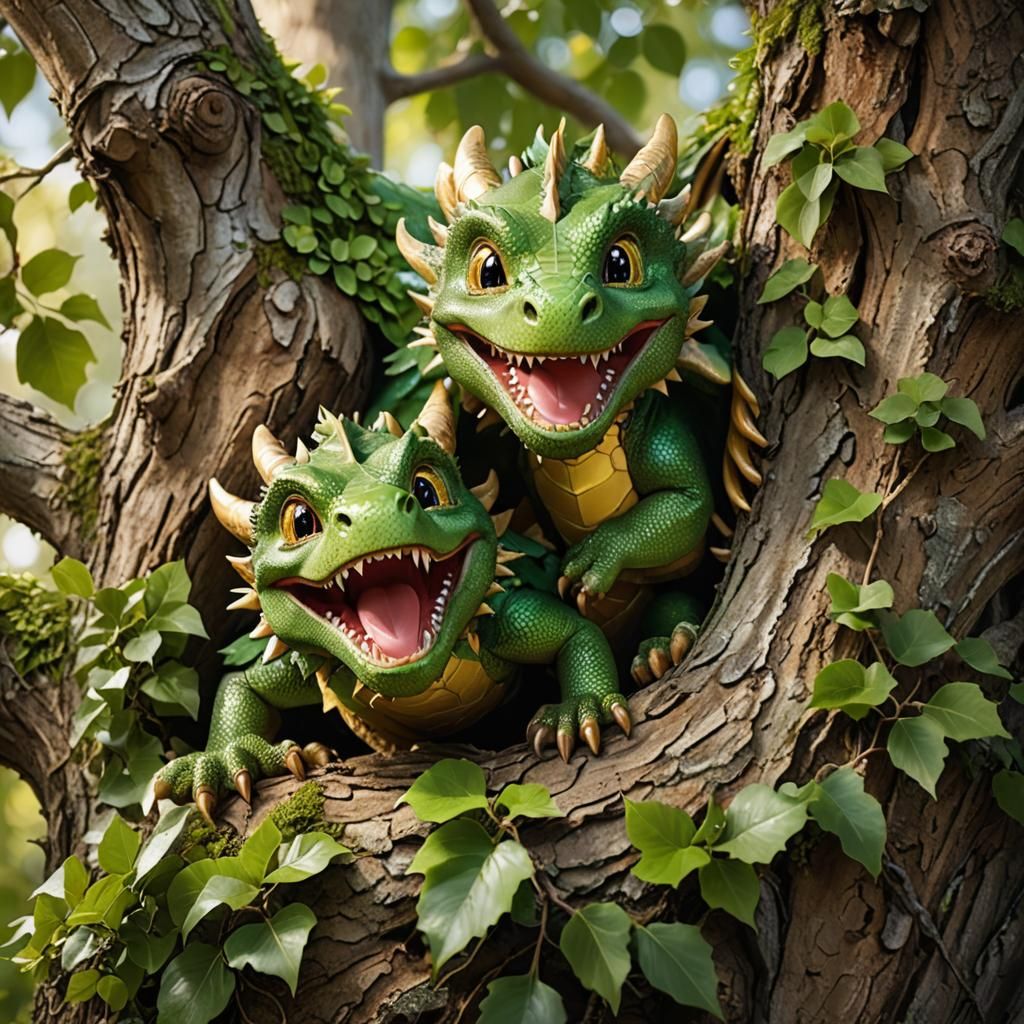 Cute Dragons Playing Peek-a-Boo in a Tree