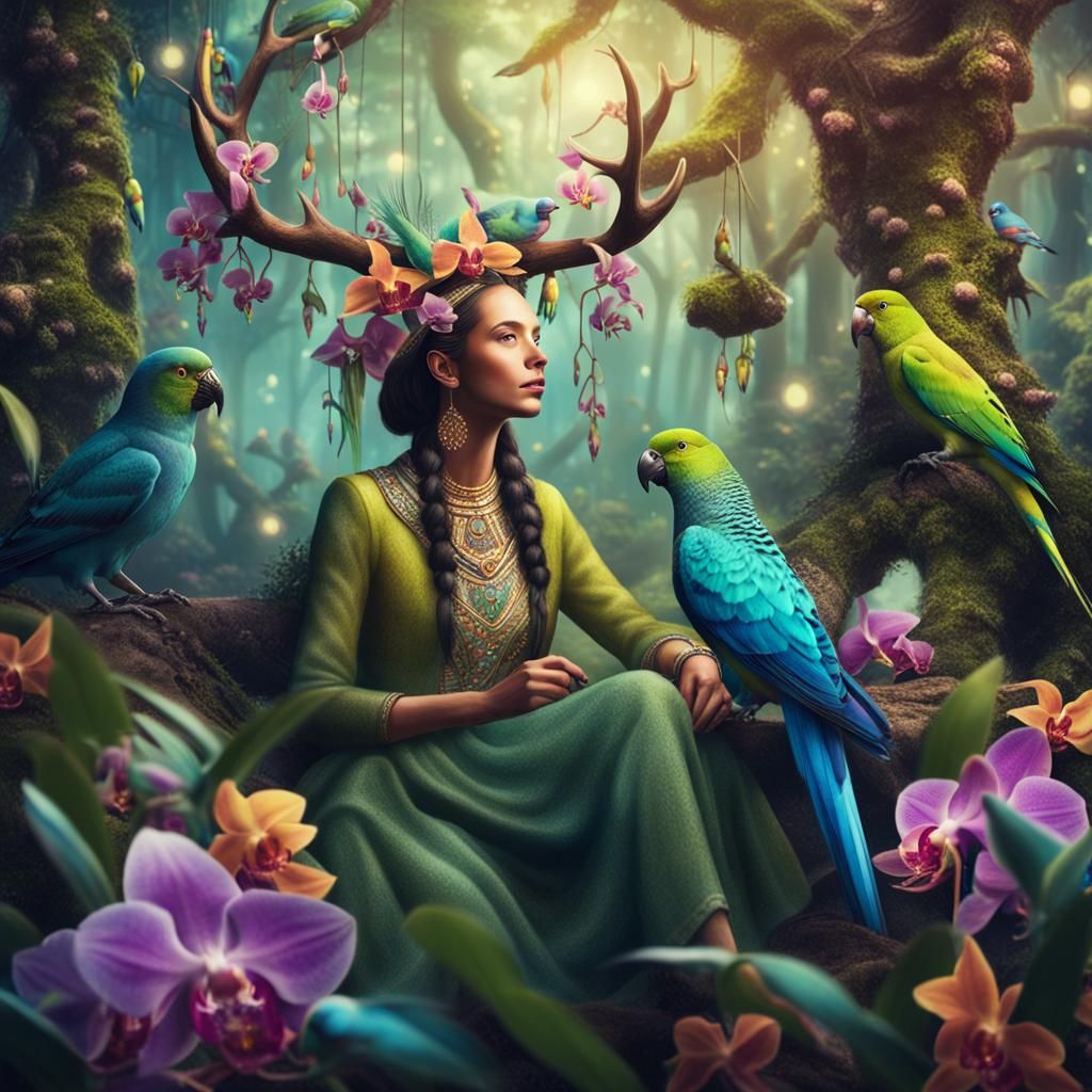 Closeup Fantasy scene featuring antlered female human sittin...
