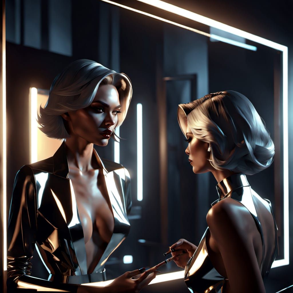 Model Gazes Into Reflective Mirror in Low-Poly Art