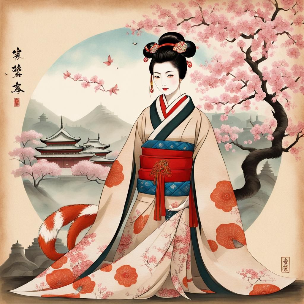 Fox Woman in Kimono with Cherry Blossoms