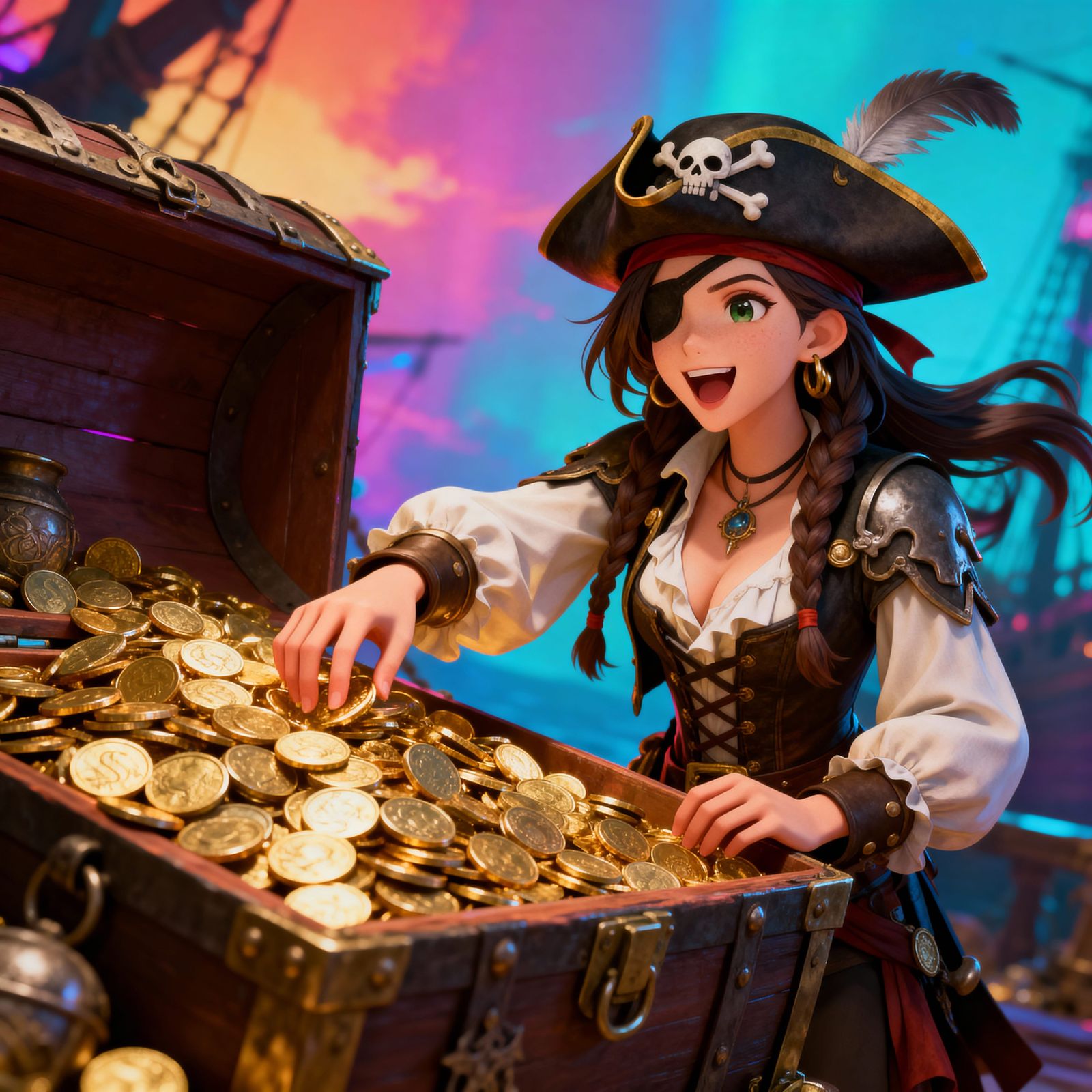 Anime Pirate Woman With Treasure Chest