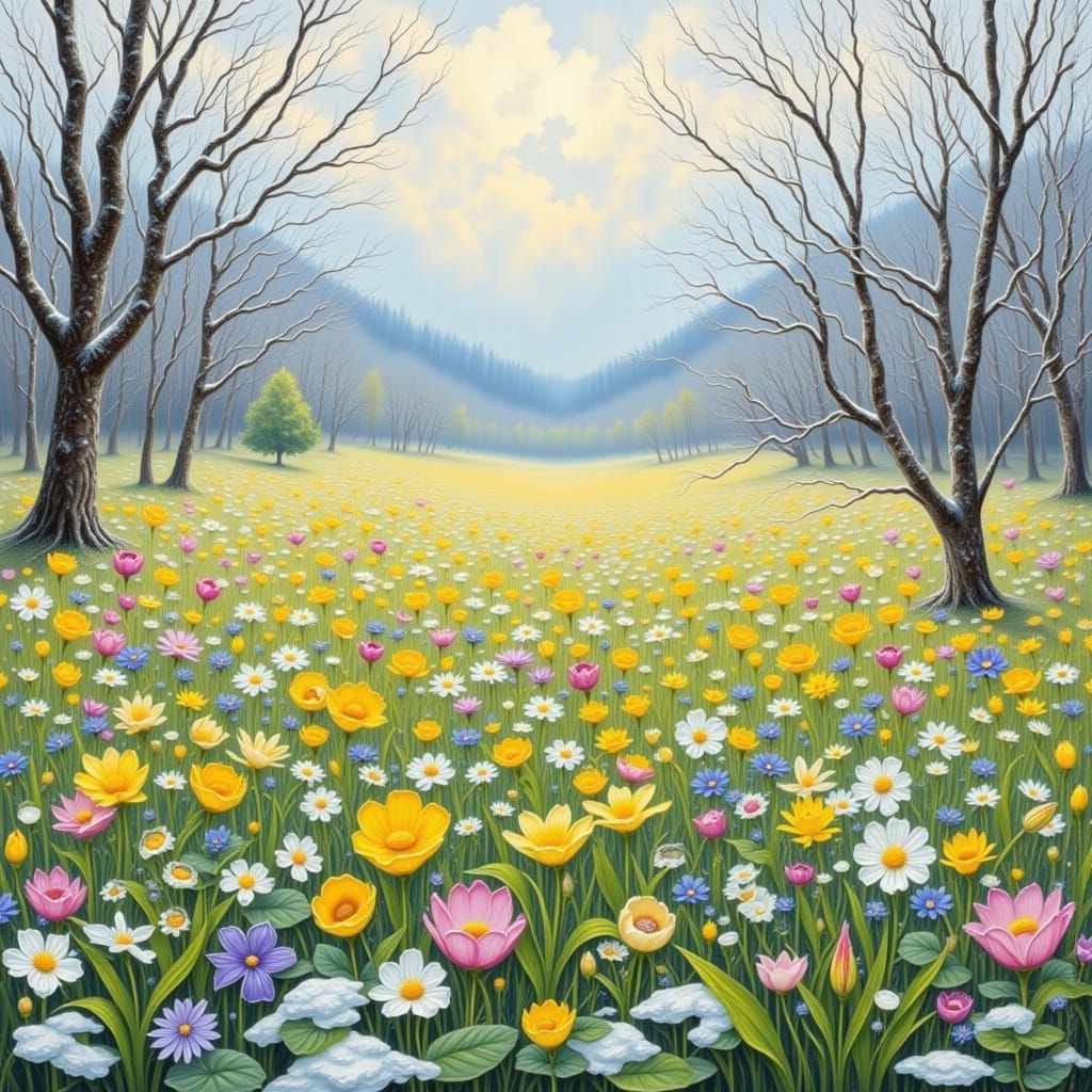 Spring Flowers Bloom in Winter Impasto Meadow