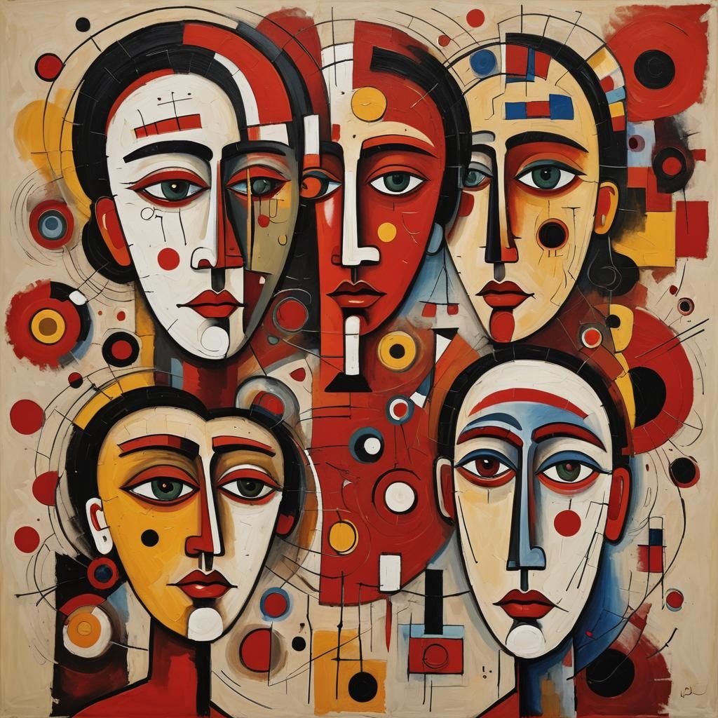Abstract Aboriginal Faces in Red, Energetic Oil Painting