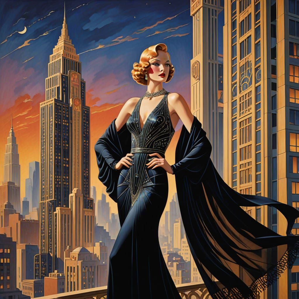 Elegant Woman Posing in Art Deco Skyscraper, 1940s Los Angel...