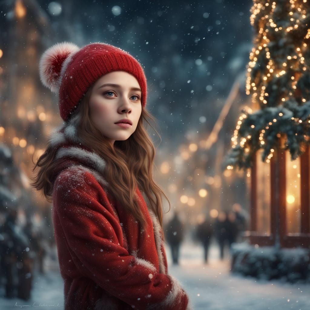 Charming Christmas Girl in Dramatic Digital Painting