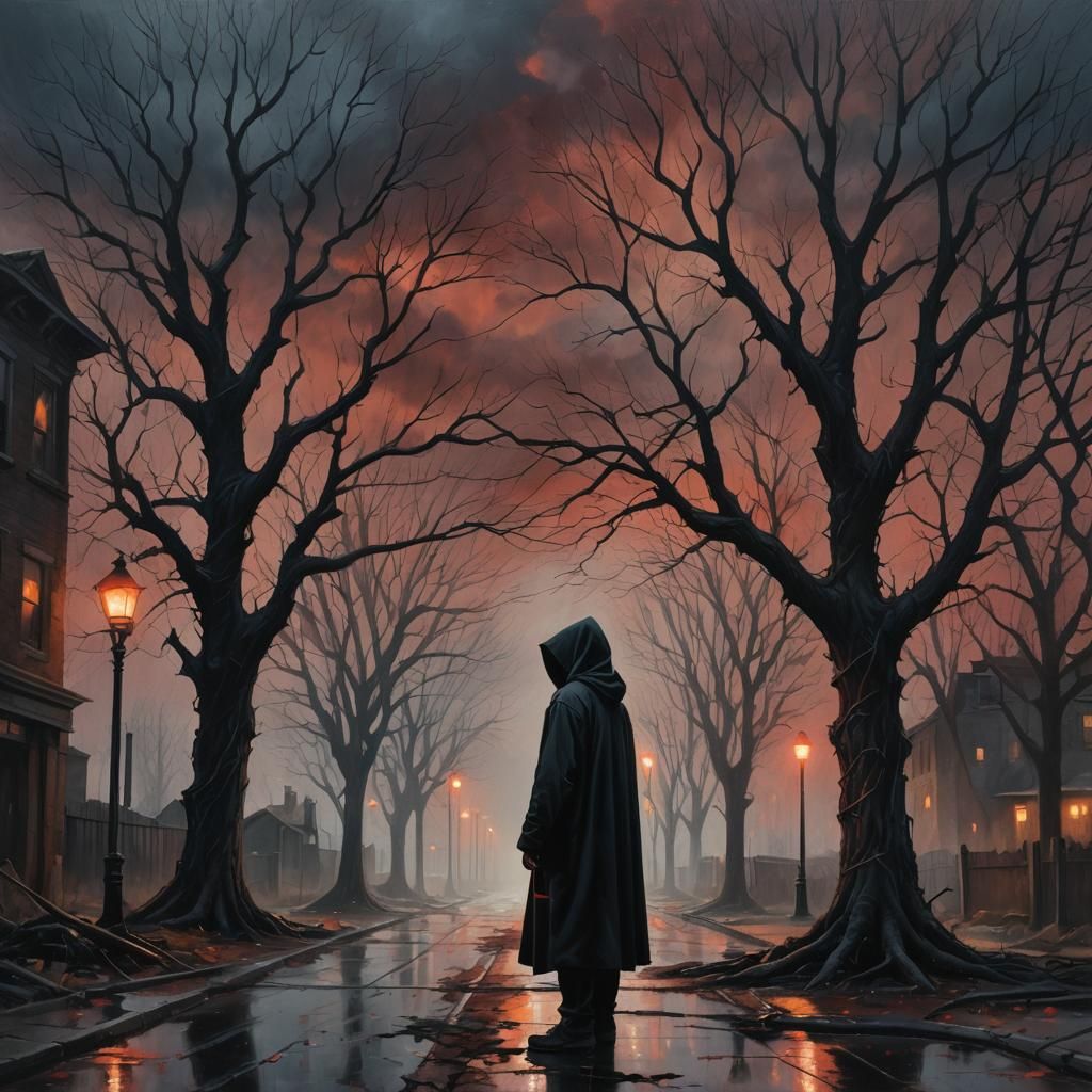 Haunting Hooded Figure in Abandoned Cityscape