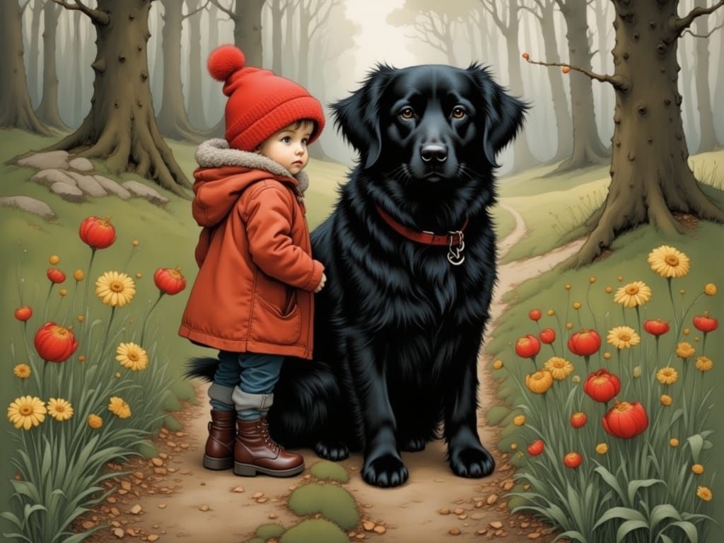 Whimsical Girl and Her Loyal Companion in a Dreamlike Settin...