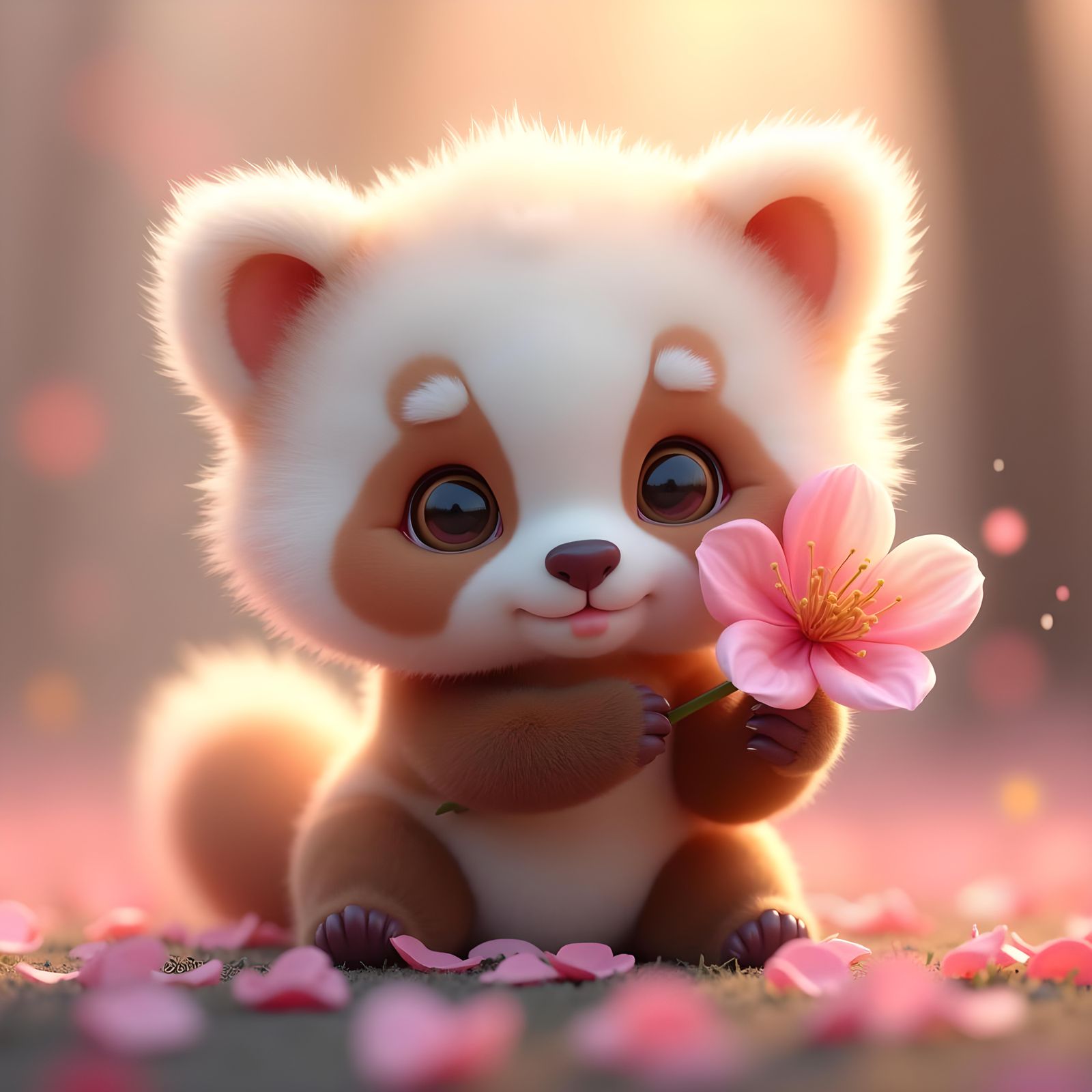 Chibi Panda Cub with Flower, CGI Render