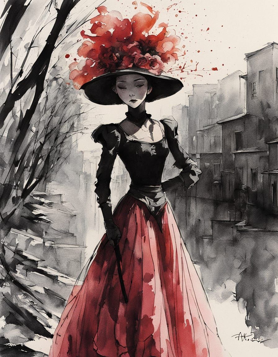 Urban Serenity: Ink Wash Silhouettes in Atmospheric Cityscap...