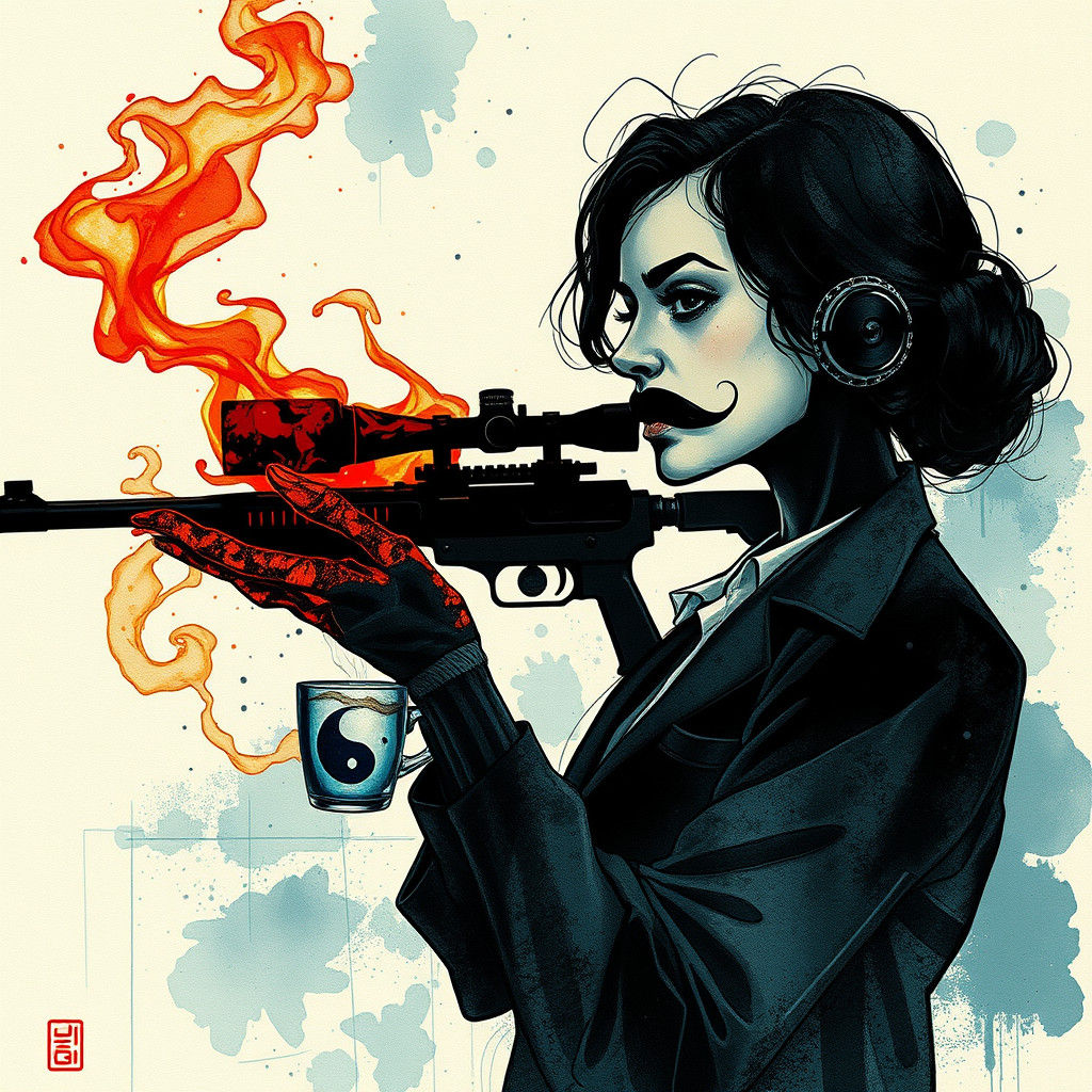 Steampunk Sniper in Ink and Watercolor Style