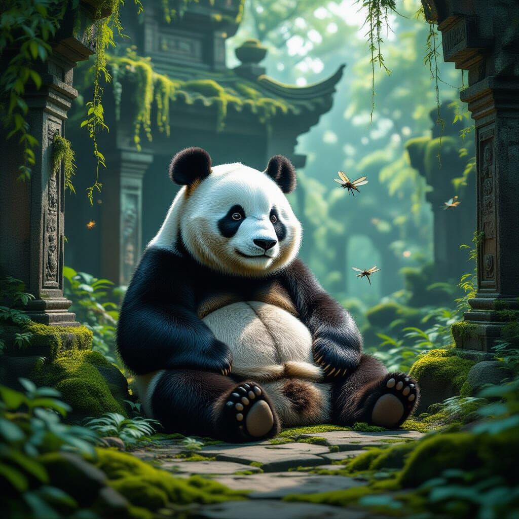 Ancient Panda in Bioluminescent Temple Ruins
