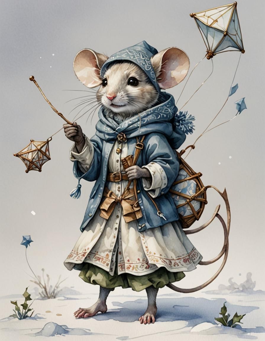 Watercolor Mouse Girl with Kite Fantasy