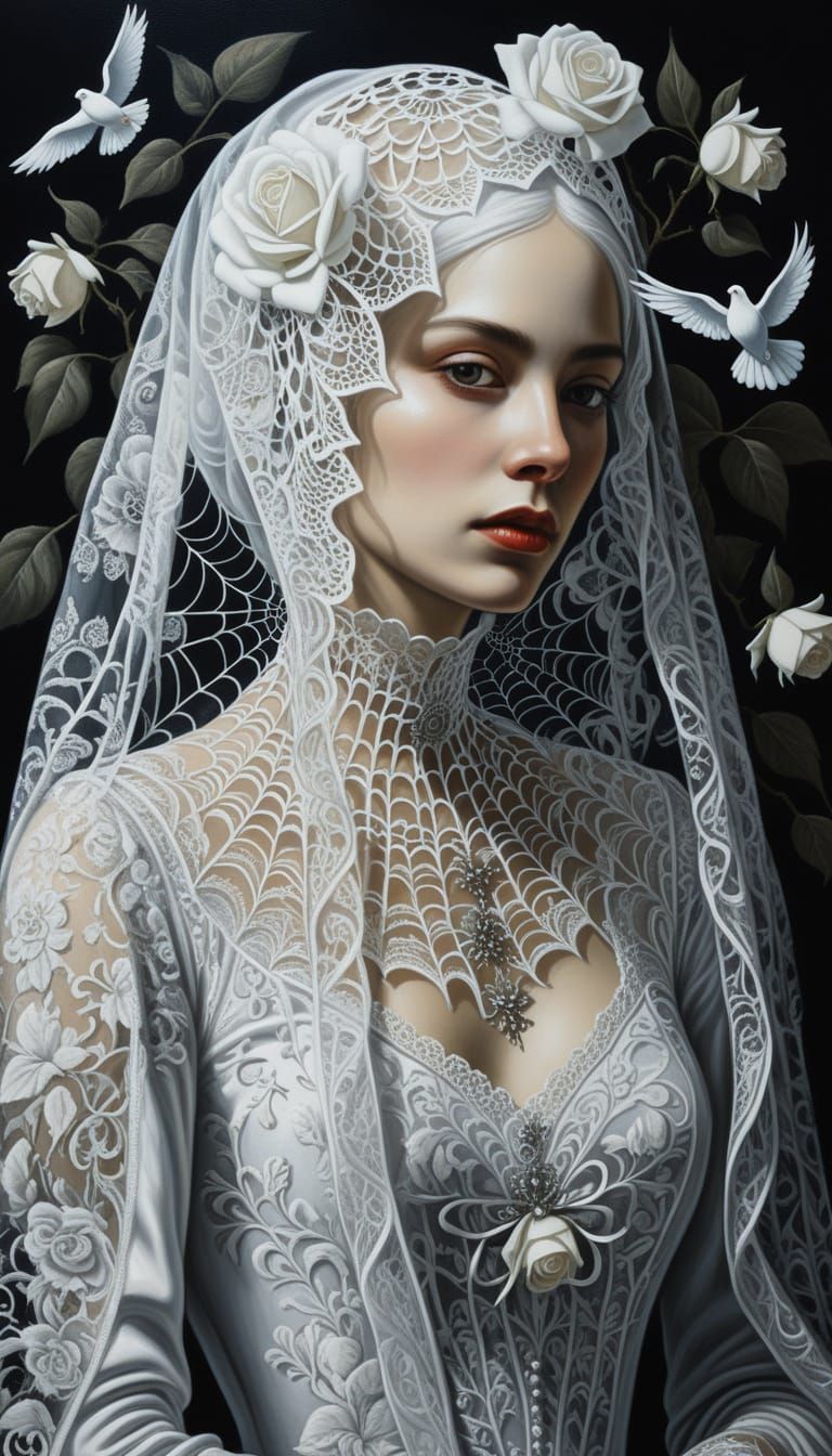Ethereal Woman with Spiderweb Veil in Renaissance Gothic Sty...