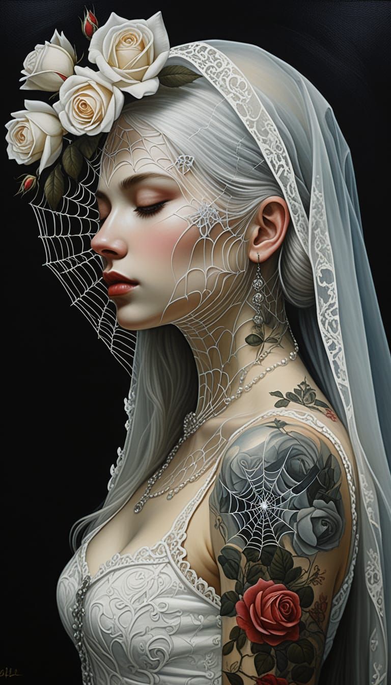 Girl with White Hair and Tattooed Body in Lace Veil