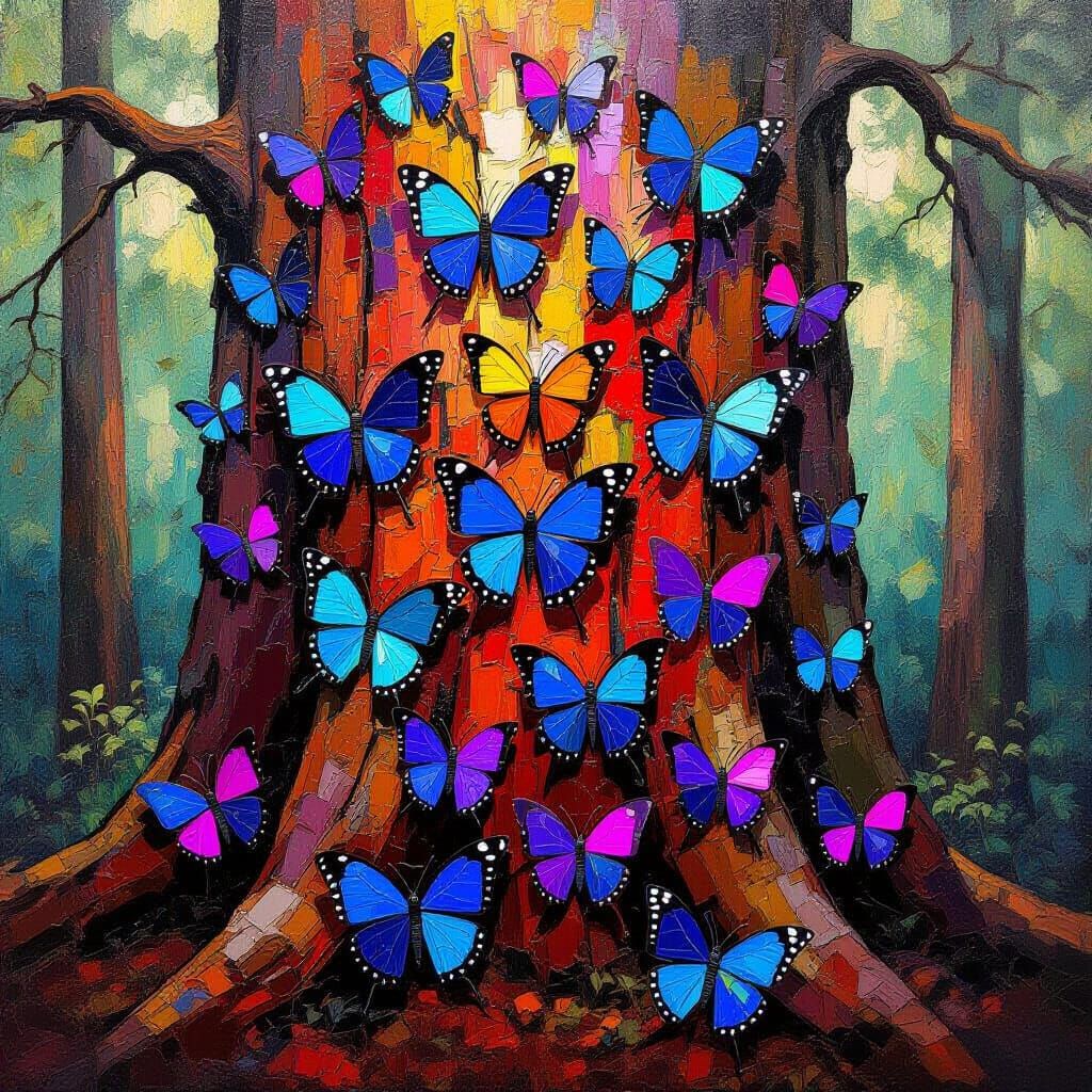 Butterflies Adorning Redwood in Abstract Expressionist Style