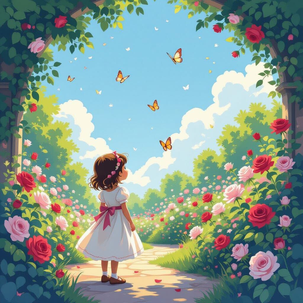 Young Princess in Rose Garden with Butterflies, 3D Pixar Sty...