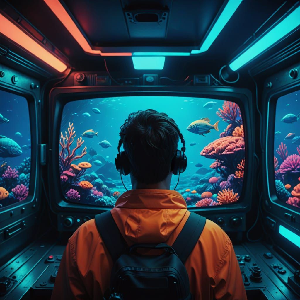 Retro-Futuristic Aquatic TV in Neon Glow