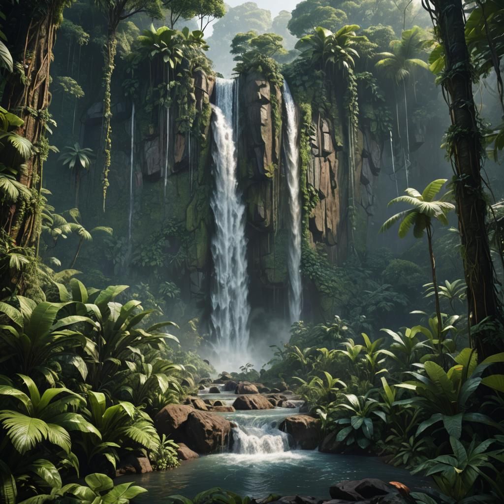 Majestic Waterfall in Dense Jungle, Hyper-Realistic Art