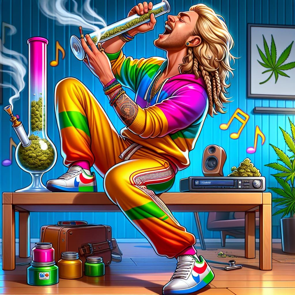 Joyful Hippie Smoking Bong in Cartoon Airbrush Art