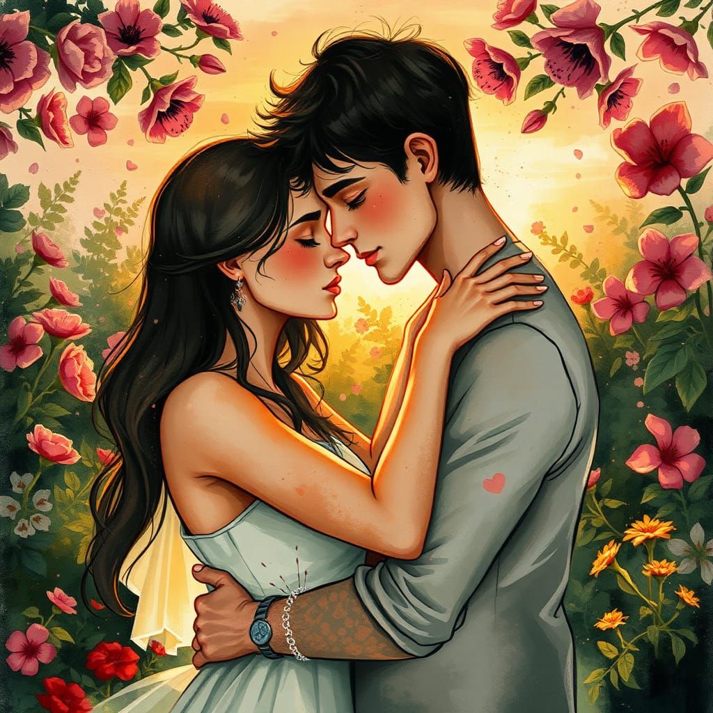 Romantic Couple Embracing in Lush Garden with Ink Details