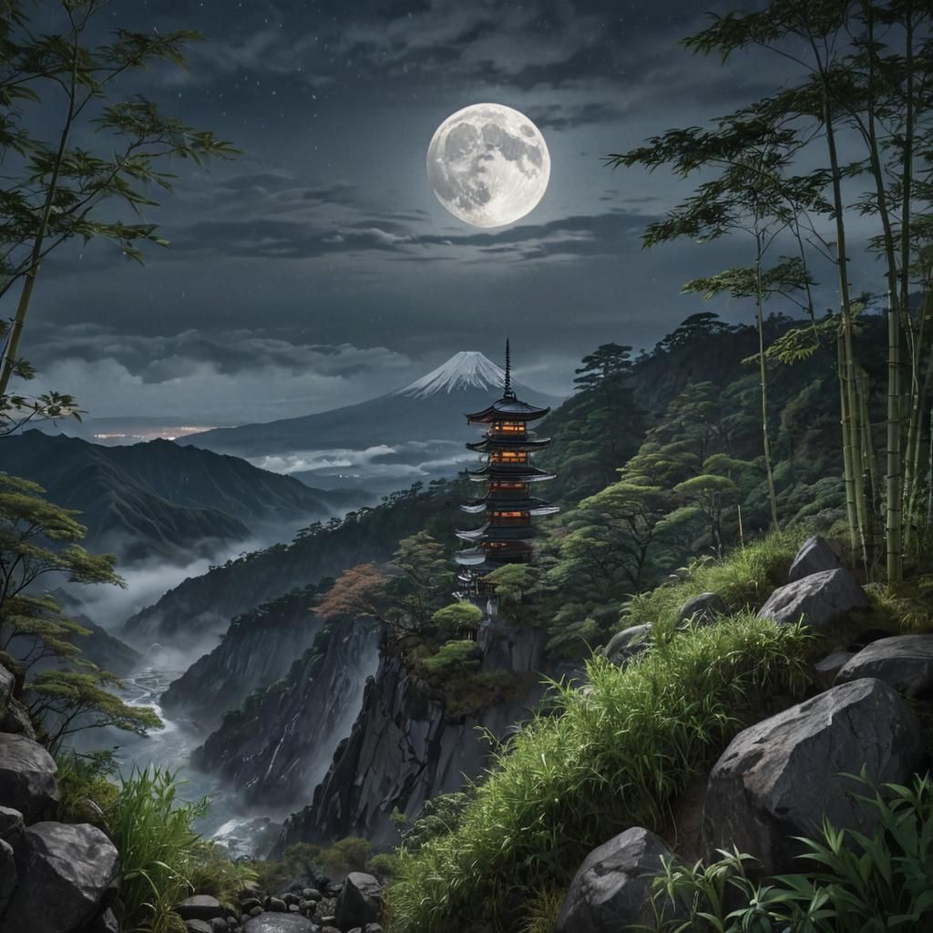 Hyperrealistic Mt. Fuji Landscape with Bamboo and Moonlight