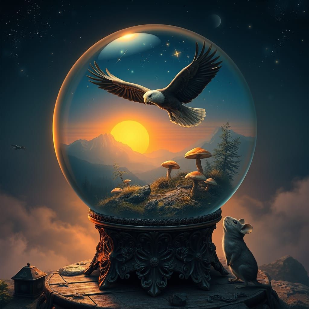 Surreal Crystal Ball with Eagle in Dreamlike Landscape