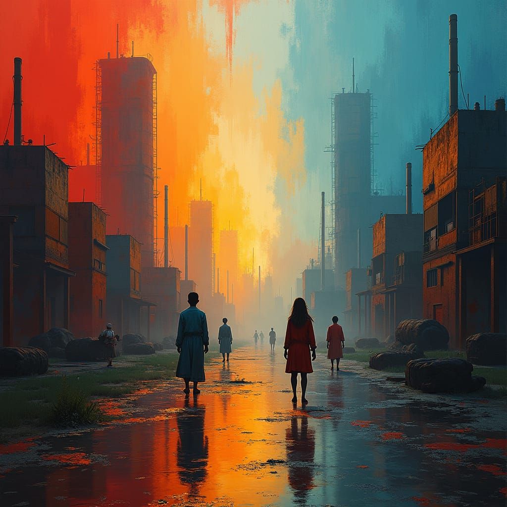 Child Factory Workers: Abstract Expressionist Matte Painting