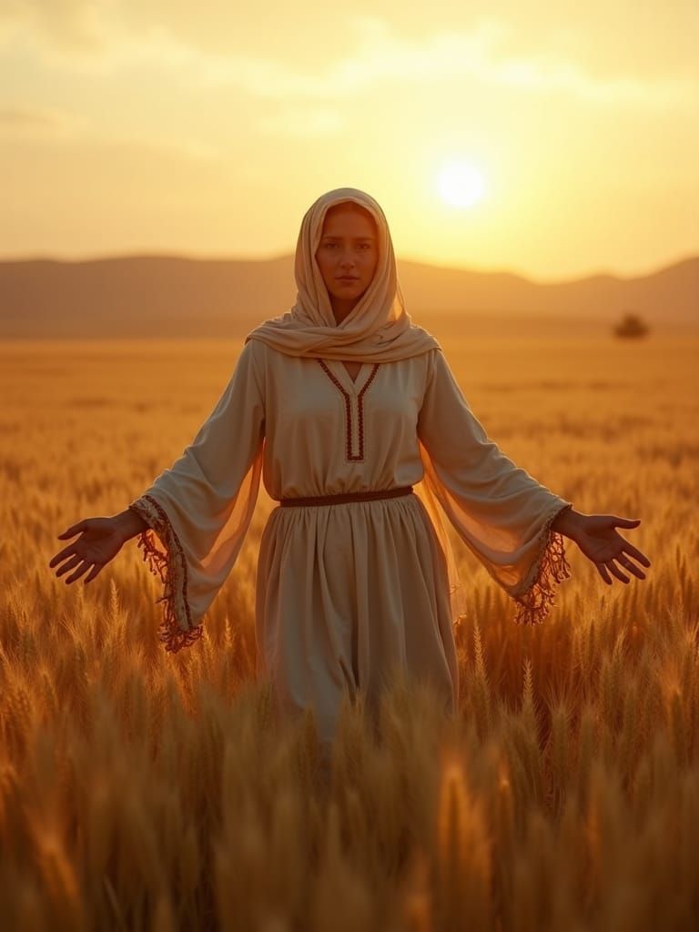 Ruth in Golden Field at Dusk: Cinematic Still