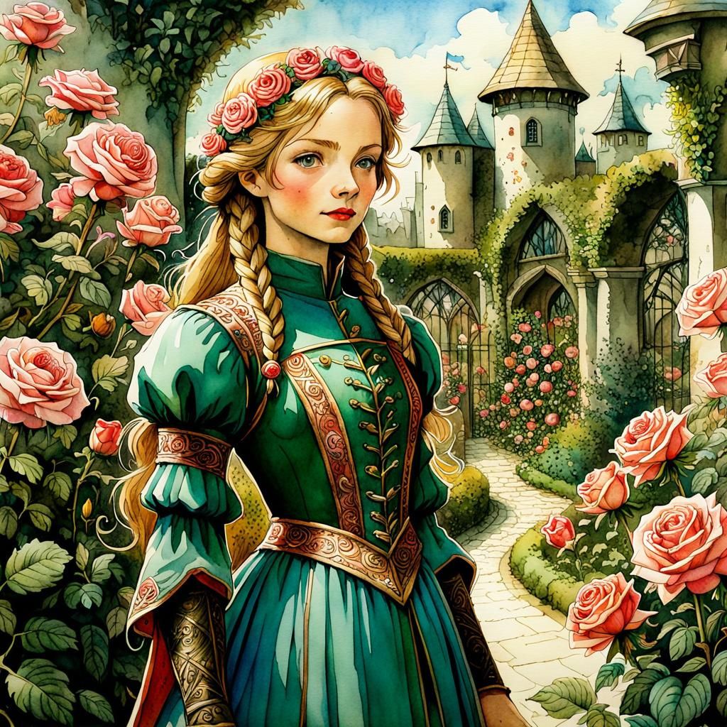 Medieval Rose Garden Watercolor Painting