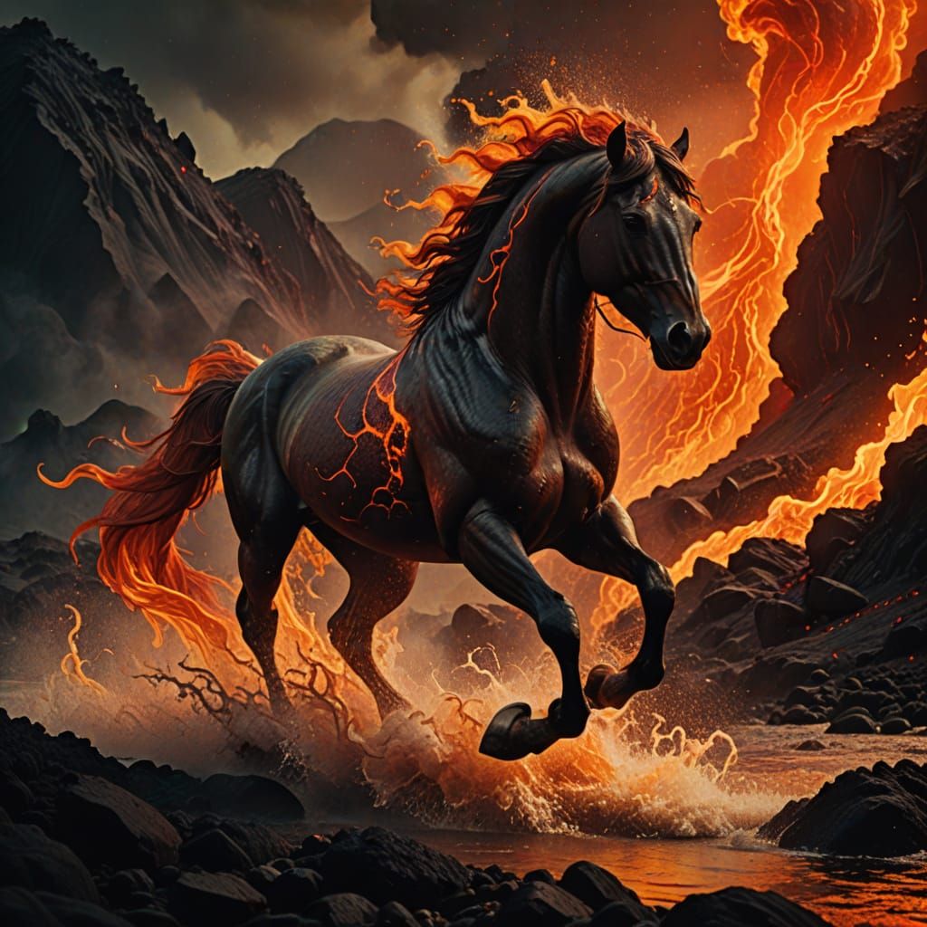 Mythical Volcanic Horse Galloping in Fiery Atmosphere