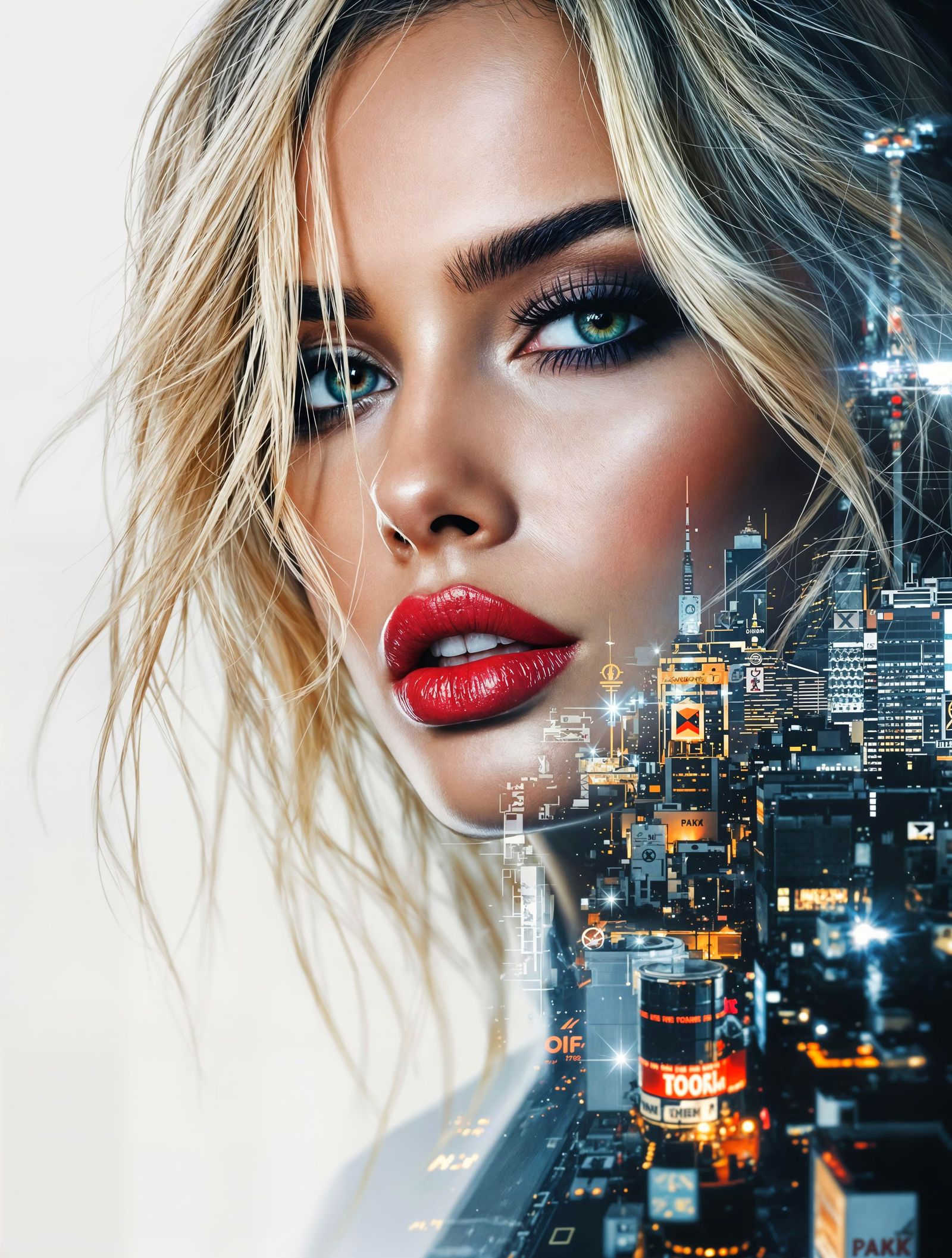 Double Exposure Portrait of a Woman in Osaka City