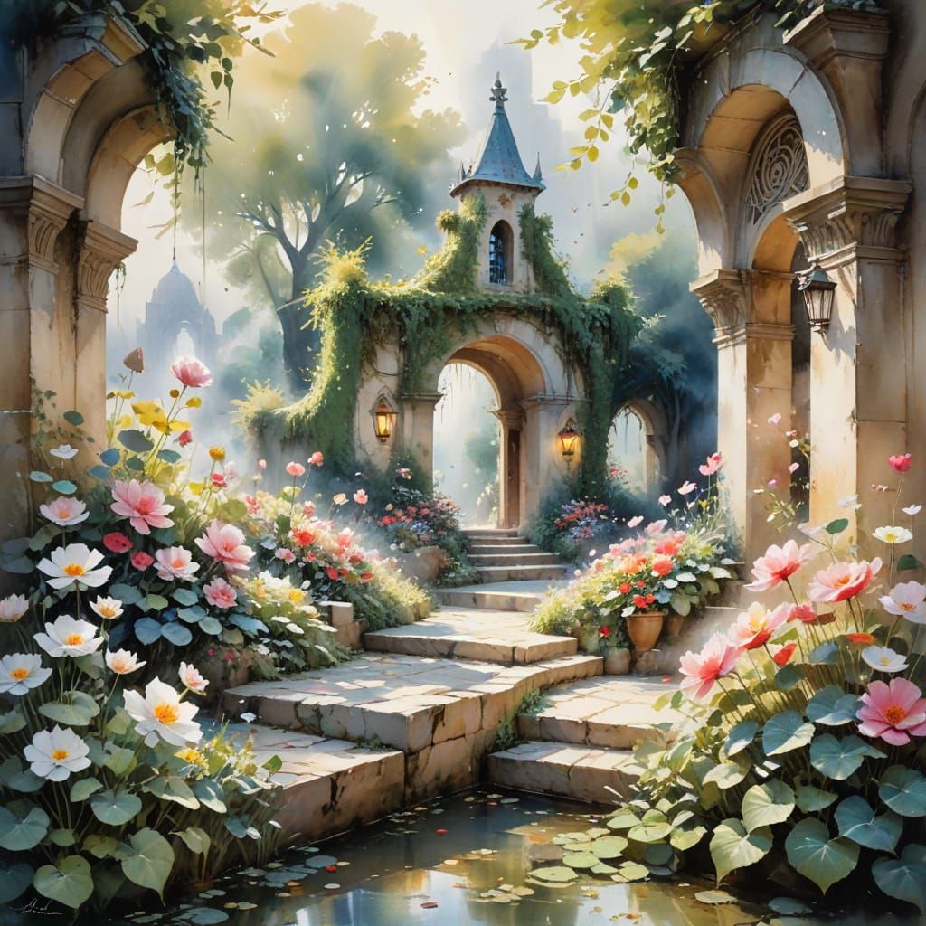 Whimsical Secret Garden Scene with Enchanted Blooms and Pixi...