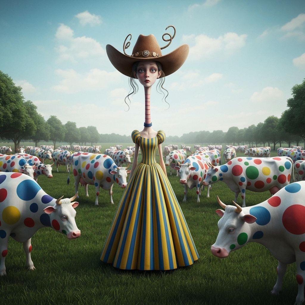 Whimsical Cowgirl with Polka Dot Cows in Surreal Farm Landsc...