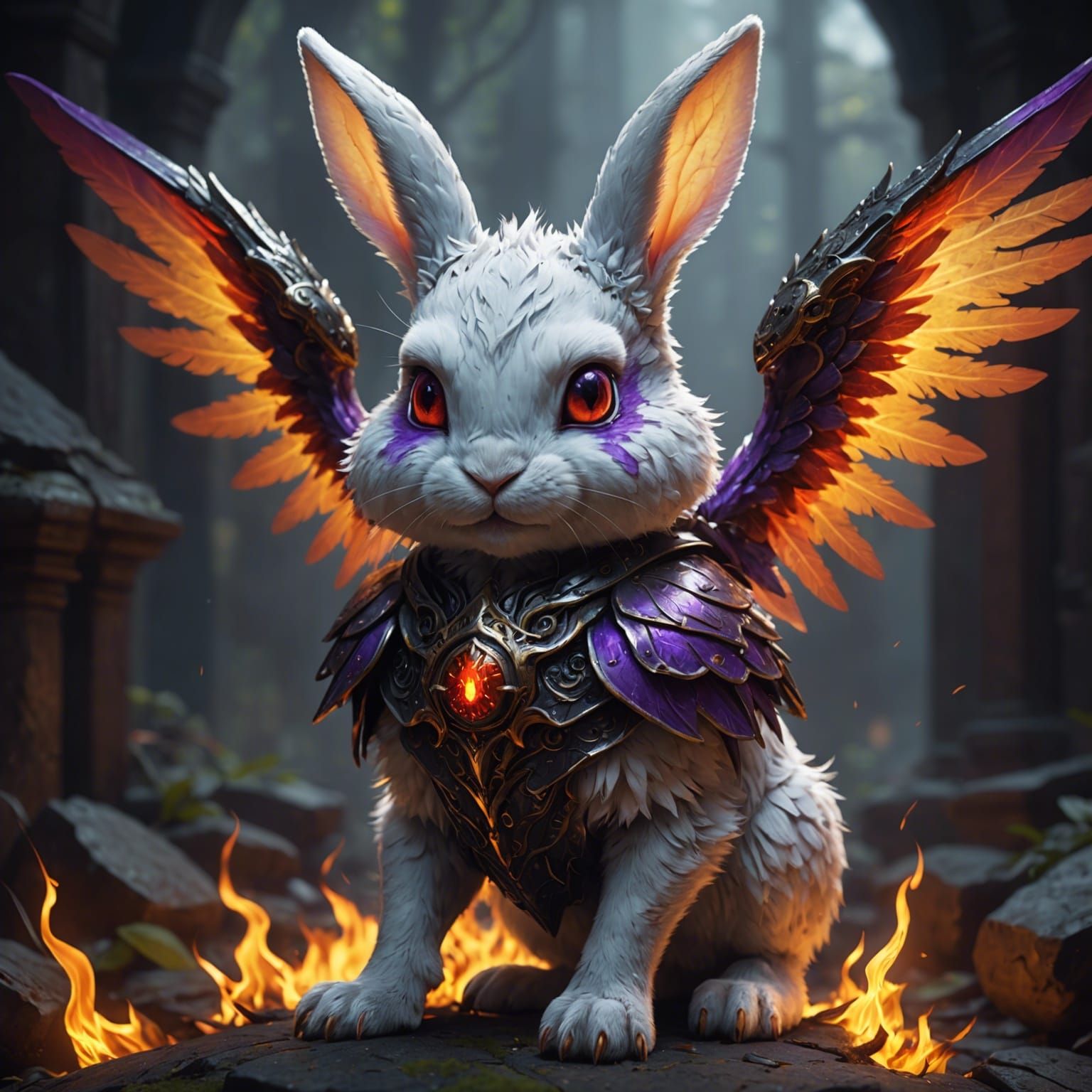 Fiery Winged Rabbit in Dark Fantasy Style