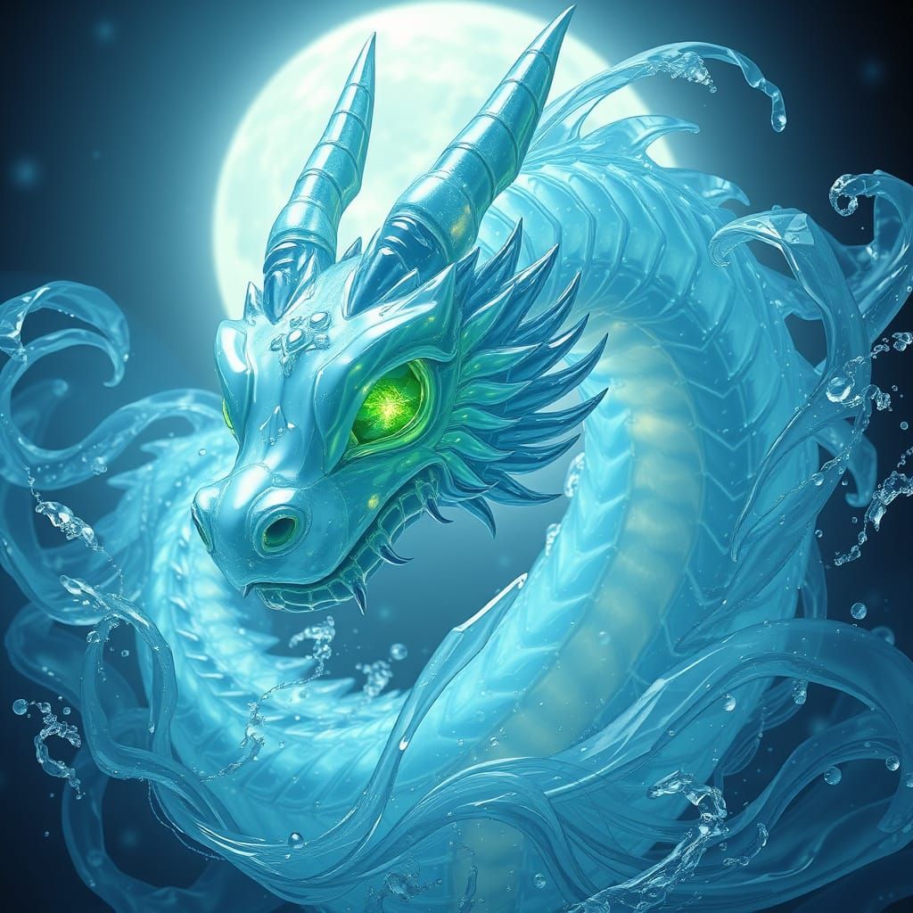 Crystal Water Dragon with Glowing Emerald Eyes