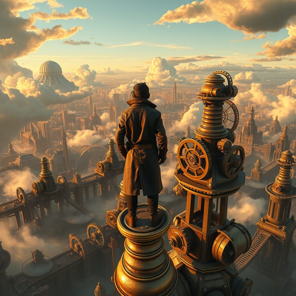 Steampunk Explorer Gazes at Metropolis Sunset